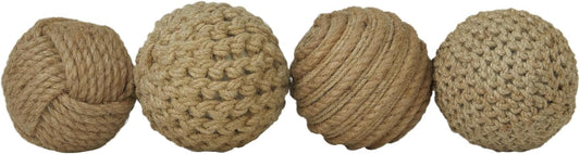Deco 79 Jute Rope Handmade Decorative Ball Orbs & Vase Filler with Varying Designs, Set of 4 4"W, 4"H, Brown