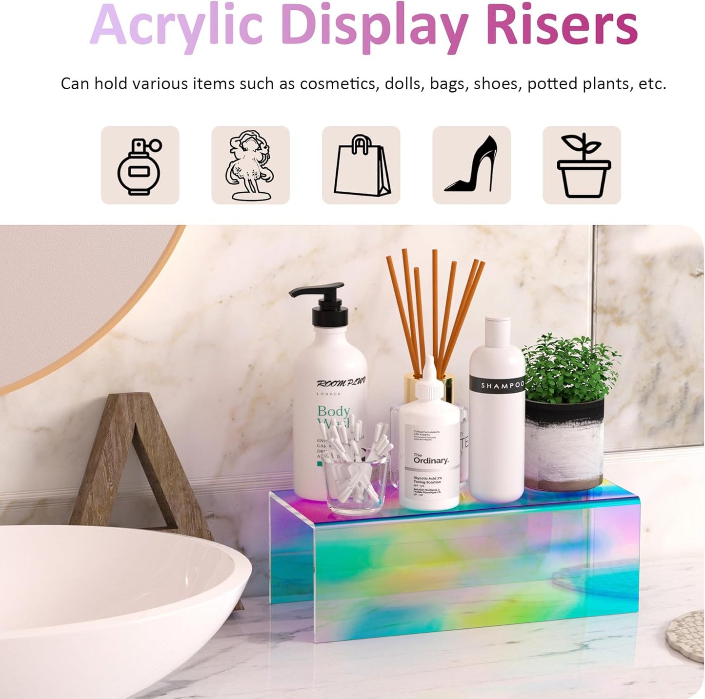 Sezanrpt Acrylic Shelf Riser 12x4.7x3 pack of 2, Desktop Rectangular Acrylic Tray Pedestal Stand for Funko Pop Figure, Bags, 12x4.7x3 Inch