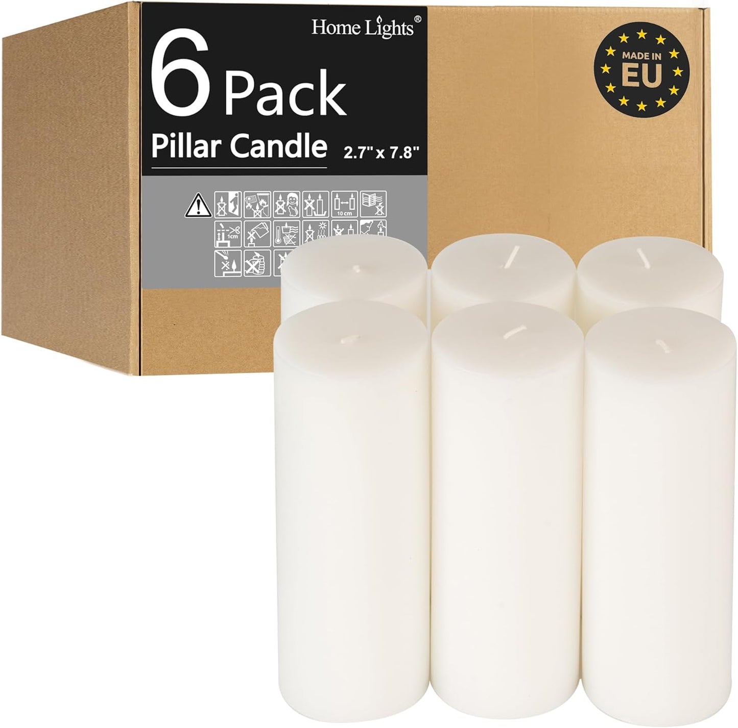 HomeLights Pillar Candles - 2.7x6 inch | 60 Hours Burning, 6 Count - White Unscented Smokeless European Pillar Candles - Perfect for Wedding, Parties, Spas, Home Gatherings and Dinner