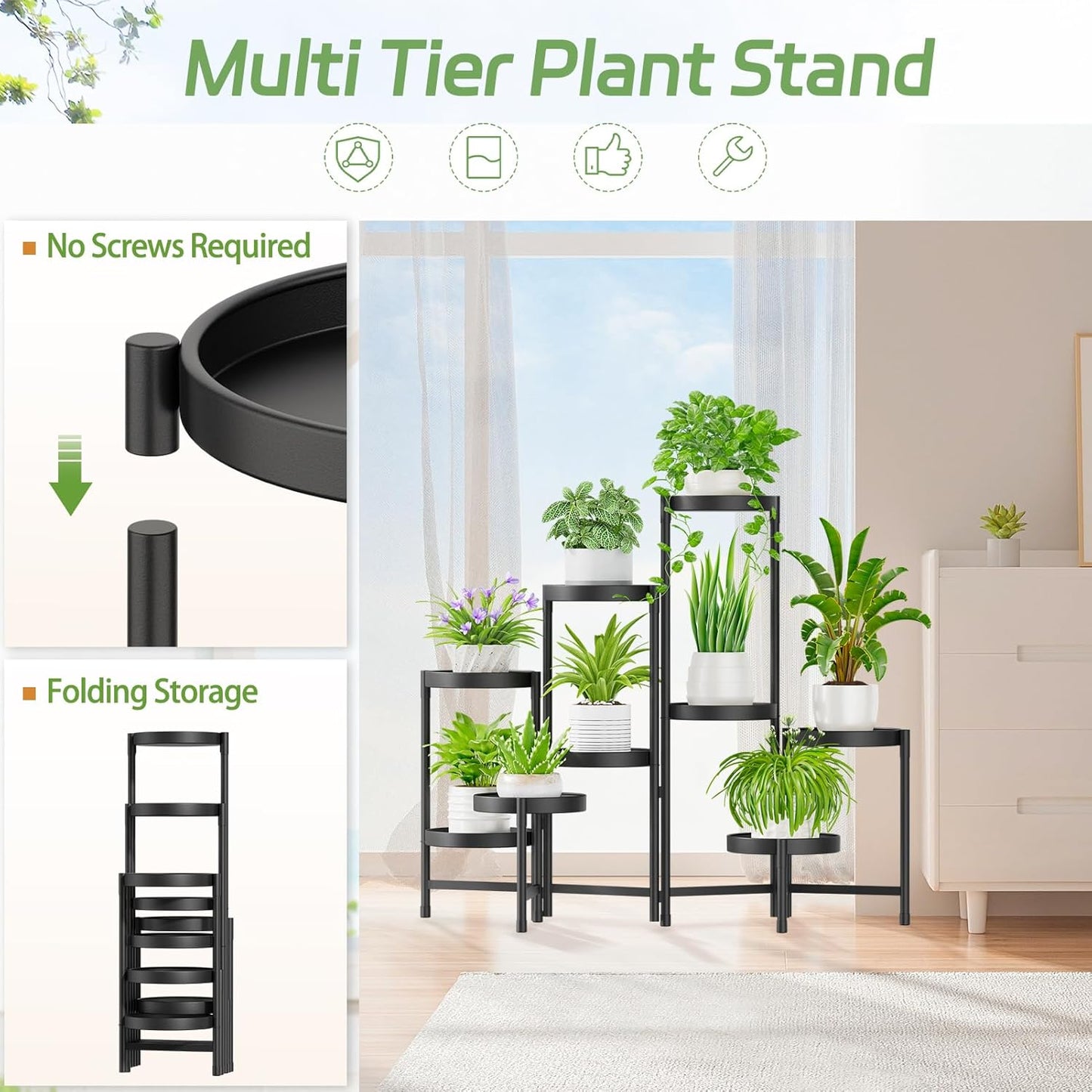 iDavosic.ly Plant Stand Indoor Outdoor, 5 Tier Corner Metal Flower Display Holder Shelf, Folding Tall Orchid Rack for Patio Balcony Porch Garden Living Room House, Black