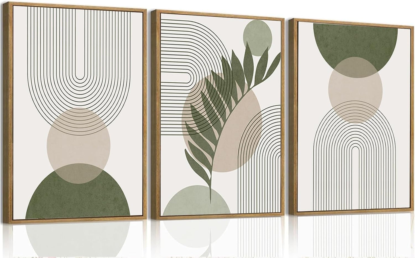 Bwodke Boho Wall Art, Framed Abstract Wall Art, Green Botanical Neutral Canvas Wall Decor, Large Mid Century Plant Pictures Set of 3, Modern Minimalist Paintings, for Bedroom Living Room Bathroom