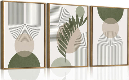 Bwodke Boho Wall Art, Framed Abstract Wall Art, Green Botanical Neutral Canvas Wall Decor, Large Mid Century Plant Pictures Set of 3, Modern Minimalist Paintings, for Bedroom Living Room Bathroom