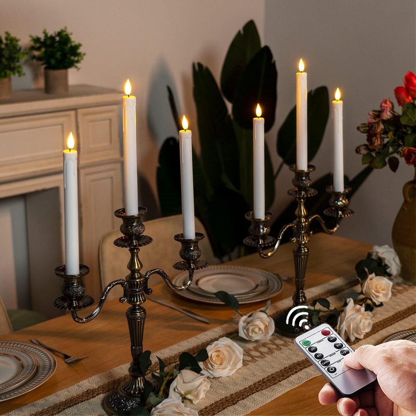 Homemory 6 Pcs Flameless Taper Candles with Remote, Timer, Dimmer, Ivory Battery Operated CandleSticks with Flickering Light, Plastic Led Window Candles, 9.6 Inches for Halloween Christmas Decoration