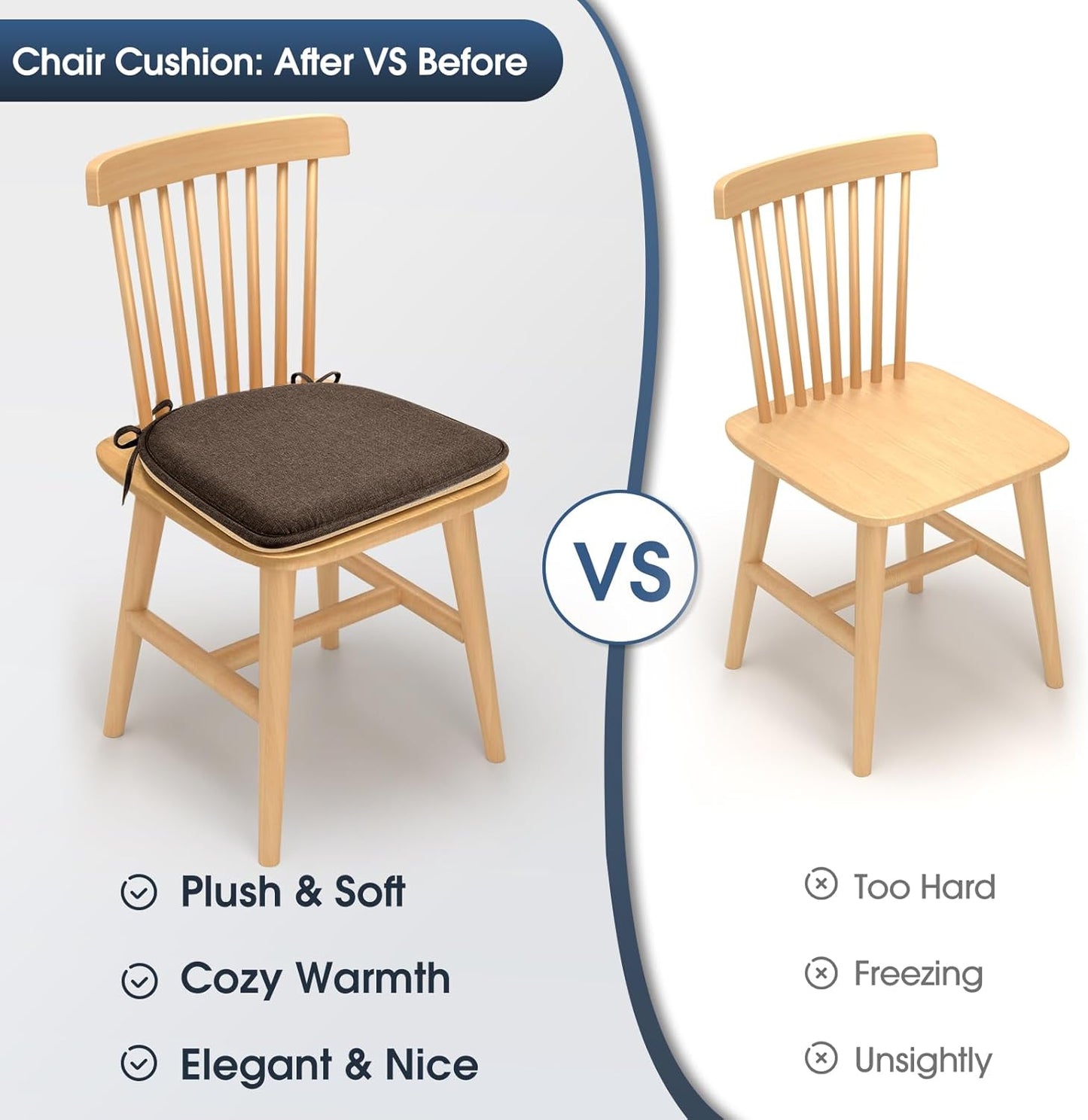 TushGuard Chair Cushions for Dining Chairs Set of 4, Soft Seat Cushions for Kitchen Chairs, Non-Slip Bottom with Ties, Comfortable Everyday Chair Pads, Grey