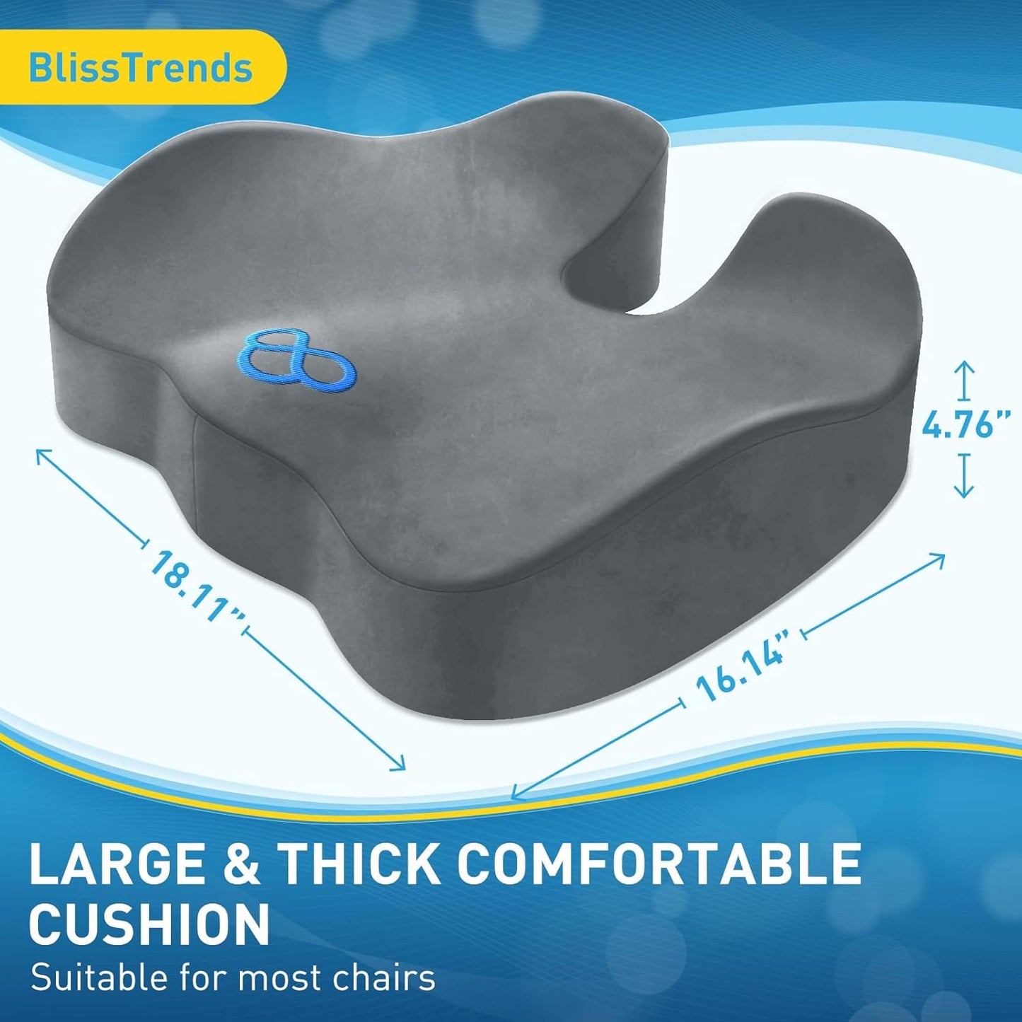 BlissTrends Seat Cushion with Velvet Cover, Thick Memory Foam Cushions for Office Chair, Car Seat, Airplane, Relieving Pressure Tailbone Sciatica Back Pain for Long Sitting, Car Drivers 4.7in Black