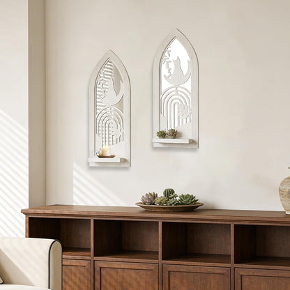 Wood Wall Sconce Candle Holder Set 2, Rustic Wall-Mount Candle Holders, Farmhouse Hanging Wall Décor, Carved Wood Frame, Mirrored Candle Holder (Distressed White)