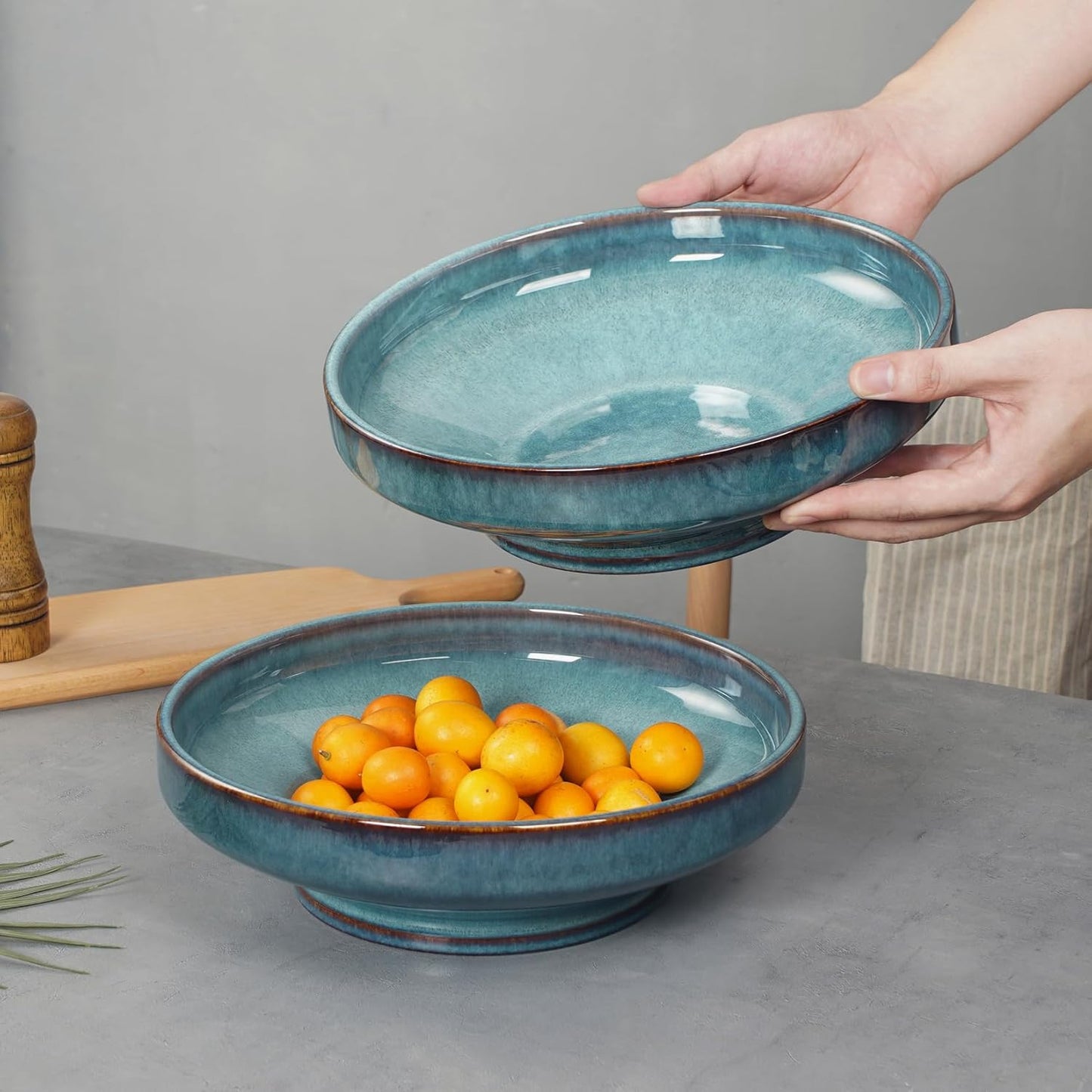 Ceramic Fruit Bowl for Kitchen Counter,Decorative Pedestal Bowl for Table Countertop,Large Footed Serving Bowl,10.2 Inch (peacock Green)