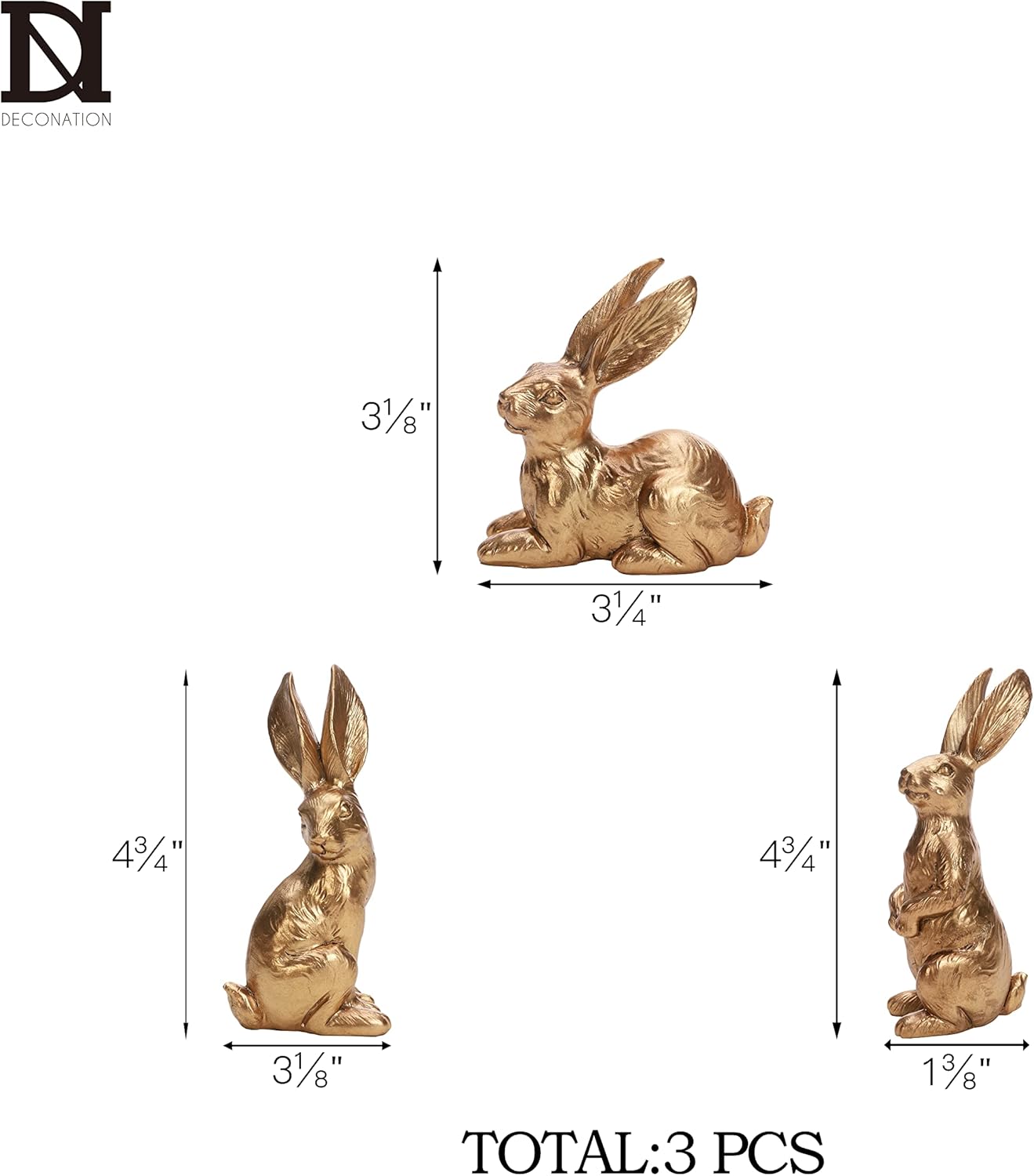DN DECONATION Golden Polyresin Bunny Decor Rabbit Figurines, Easter Bunny Statue Set of 3 for Spring Tabletop Decor