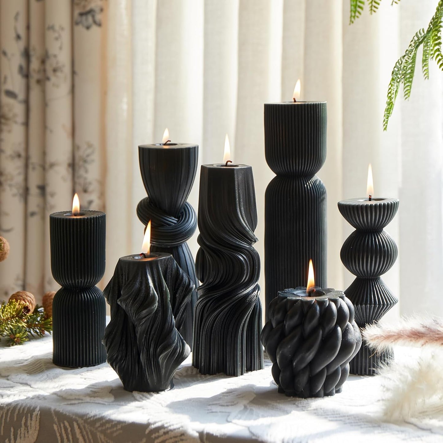 7-Pack Pillar Candles - Soy Wax Handmade Ribbed Candles for Home Decor, Housewarming Gift, Shelf & Table Decor - Aesthetic Modern Candles Set (White)