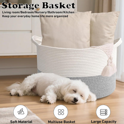 Large Woven Blanket Basket,65L Cotton Rope Laundry Basket Hamper with Handles, Decorative Nursery Basket Storage Bin for Toys, Clothes Organizer, Living Room, Bedroom, Bathroom, White & Brown