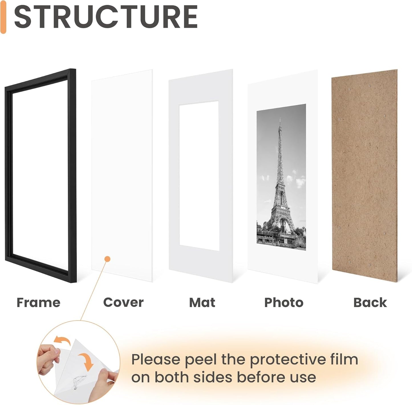 upsimples 11x14 Picture Frame Set of 5, Display Pictures 8x10 with Mat or 11x14 Without Mat, Wall Gallery Photo Frames, Black