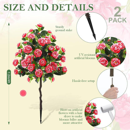 Lunmon 2 Pack 3ft Artificial Camellia Plants Tree 36" Faux Camellia Flower with Spike UV Resistant Realistic Fake Floral Blooming Bush for Indoor Outdoor Front Door Porch Backyard Garden, Purple