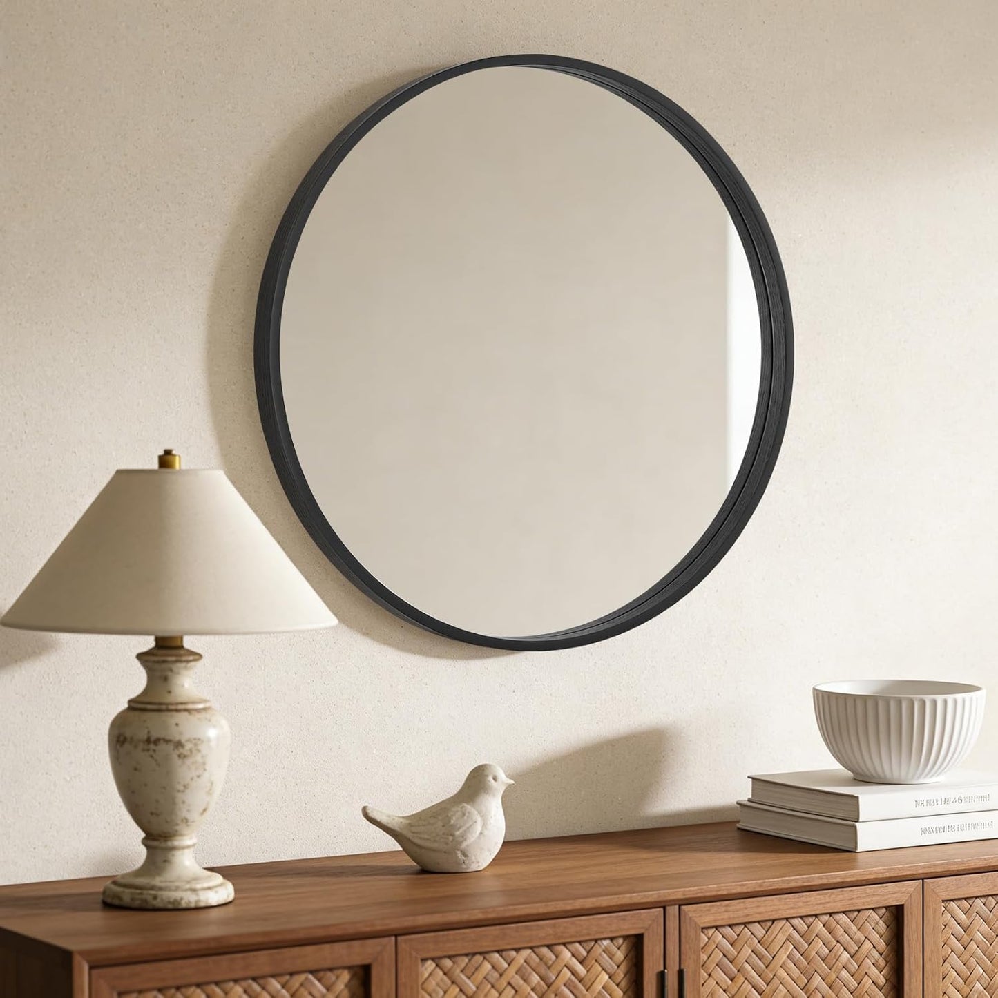 WallBeyond Wood Round Mirror with Wood Frame 24 inch Circle Wall Mirror for Bathroom Round Wall Mirror for Wall Decor, Vanity, Entryway Living Room (Walnut)
