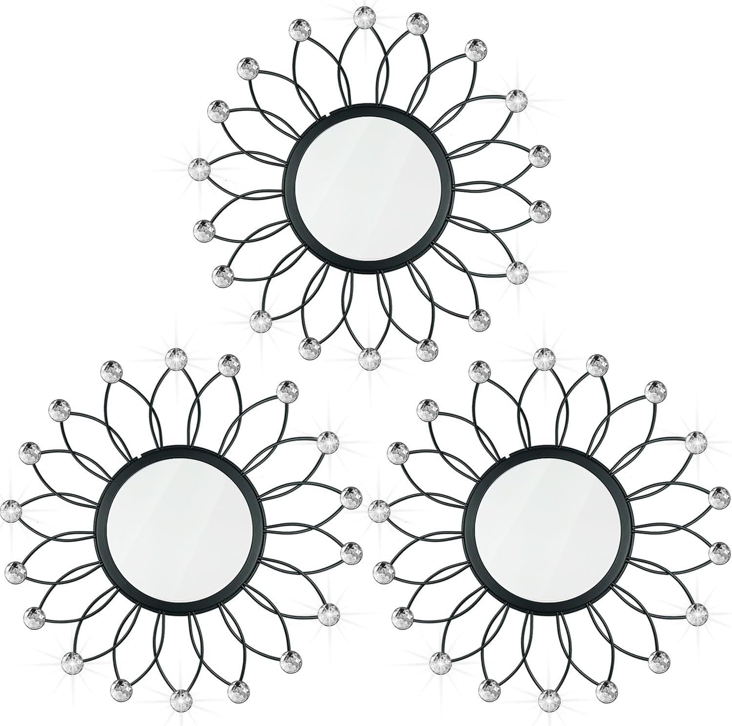 3 Pack Metal Mirrors for Wall Sunburst Wall Mirrors Home Décor Decorative Hanging Wall Art for Living Room Bedroom Entryway (Gold, Flower+Sunburst)
