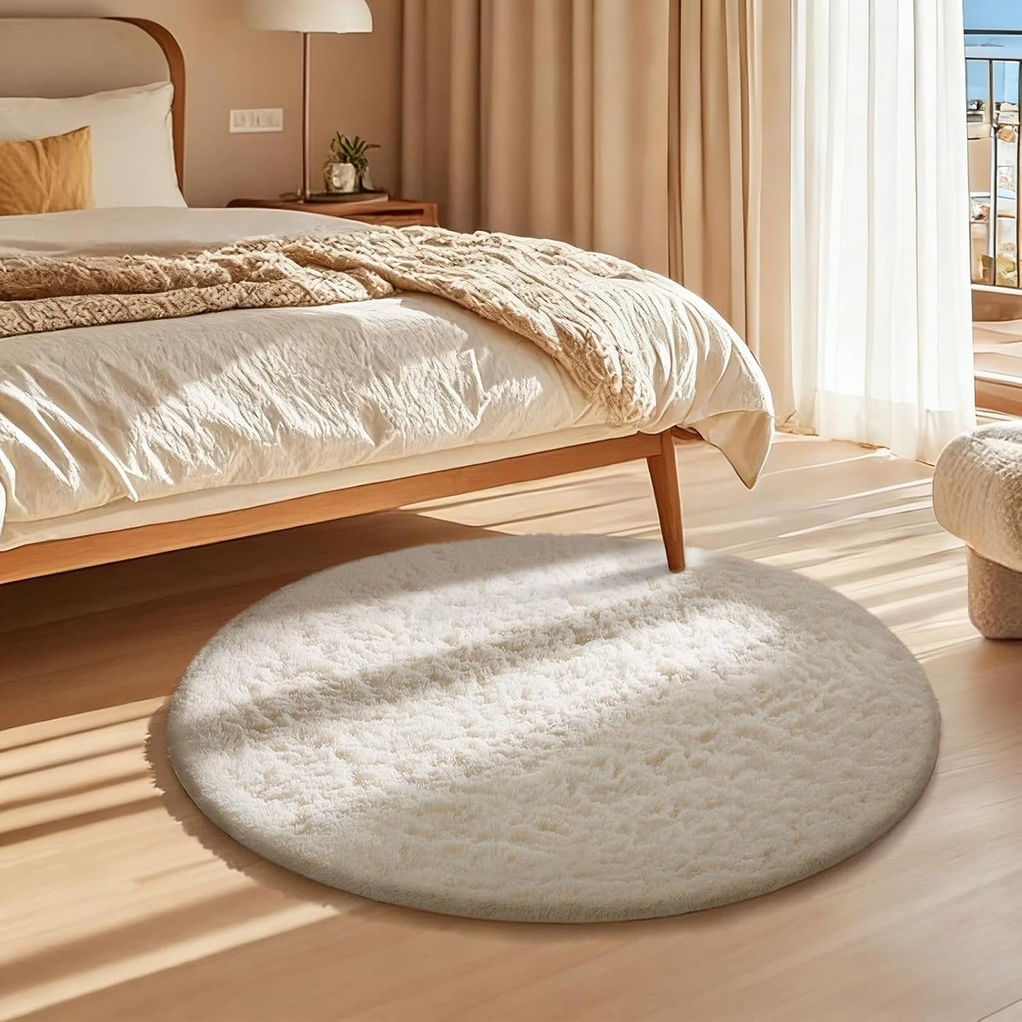 Ophanie Round Rugs 5Ft Ivory Circle Area Rug, Nursery Room Decor, Christmas Aesthetic Bedroom Home Circular Carpet 5 Foot, Fluffy Fuzzy Shag Plush Cream Living Room Rugs for Kids Boys Girls Teen Baby