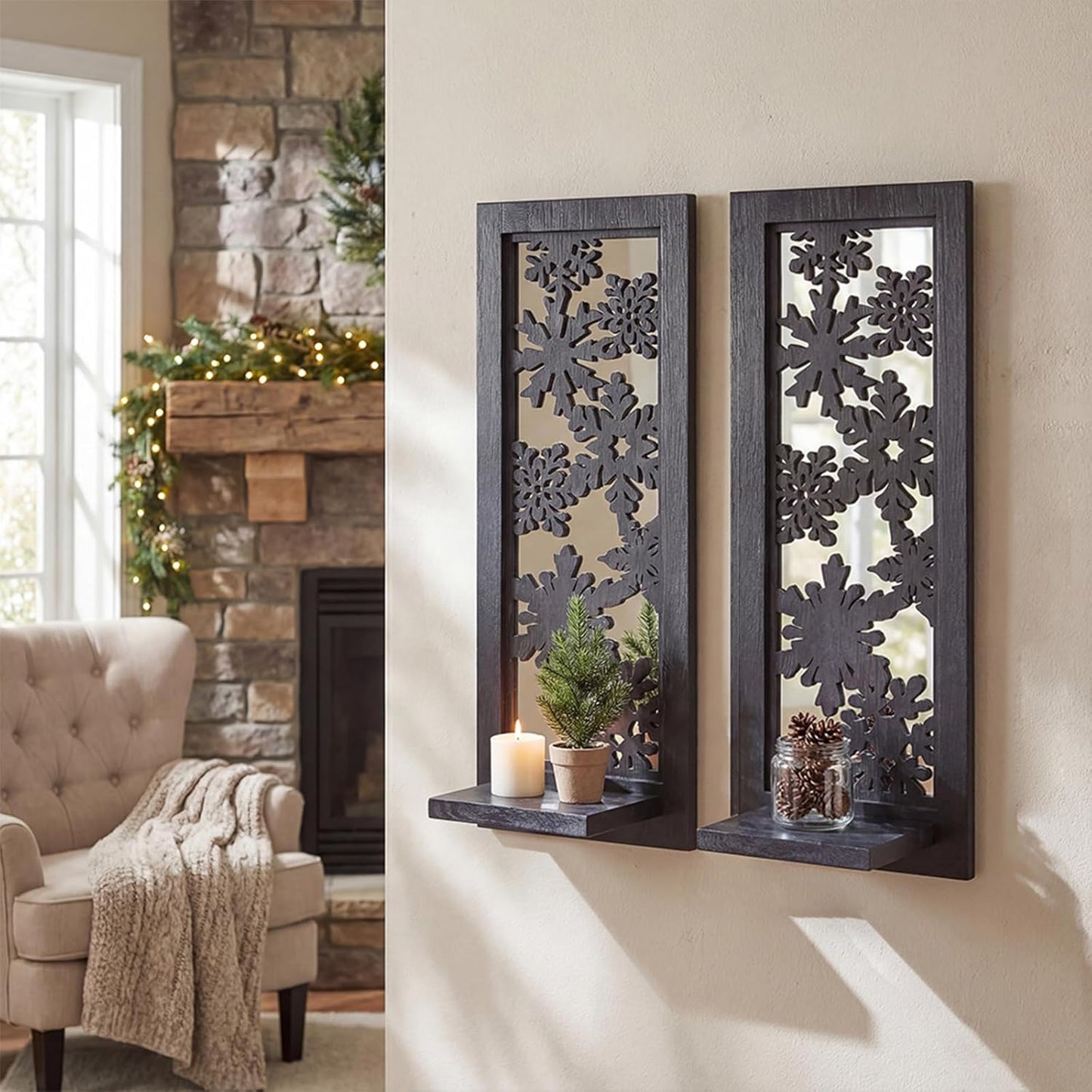 Wood Wall Sconce Candle Holder Set 2, Rustic Wall-Mount Candle Holders, Farmhouse Hanging Wall Décor, Carved Wood Frame, Mirrored Candle Holder (Distressed White)