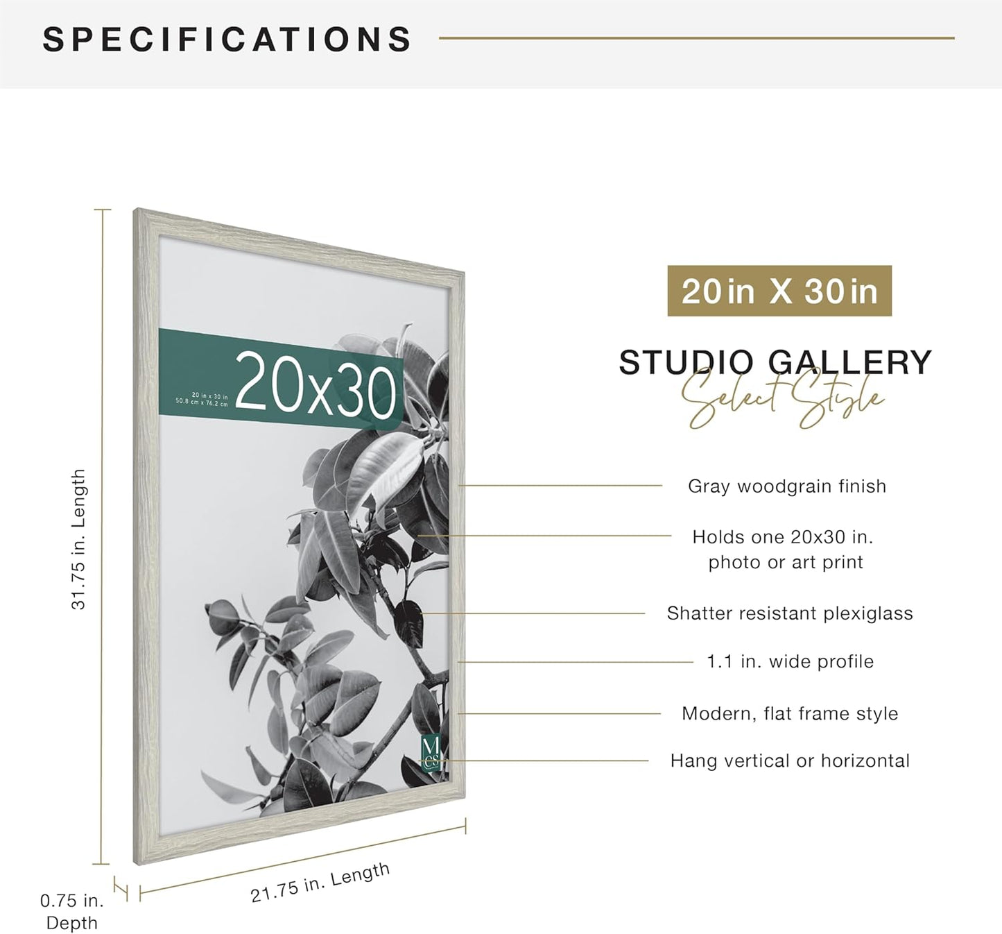 MCS Studio Gallery 16x24 Poster Frame Black Woodgrain Engineered Wood, Vertical & Horizontal Wall Hanging Large Picture Frame for Photos, Posters & Art Prints (1-Pack)