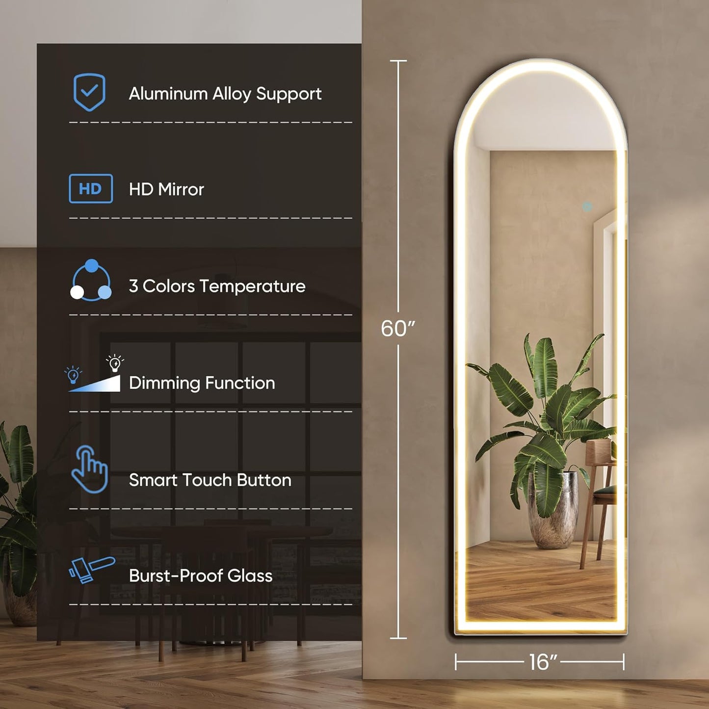 OLIXIS Black Arched Full Length Mirror 60"x16" for Bedroom, Full Body Mirror with Stand, Hanging or Leaning for Wall, Aluminum Alloy Thin Frame Floor Standing for Living Room