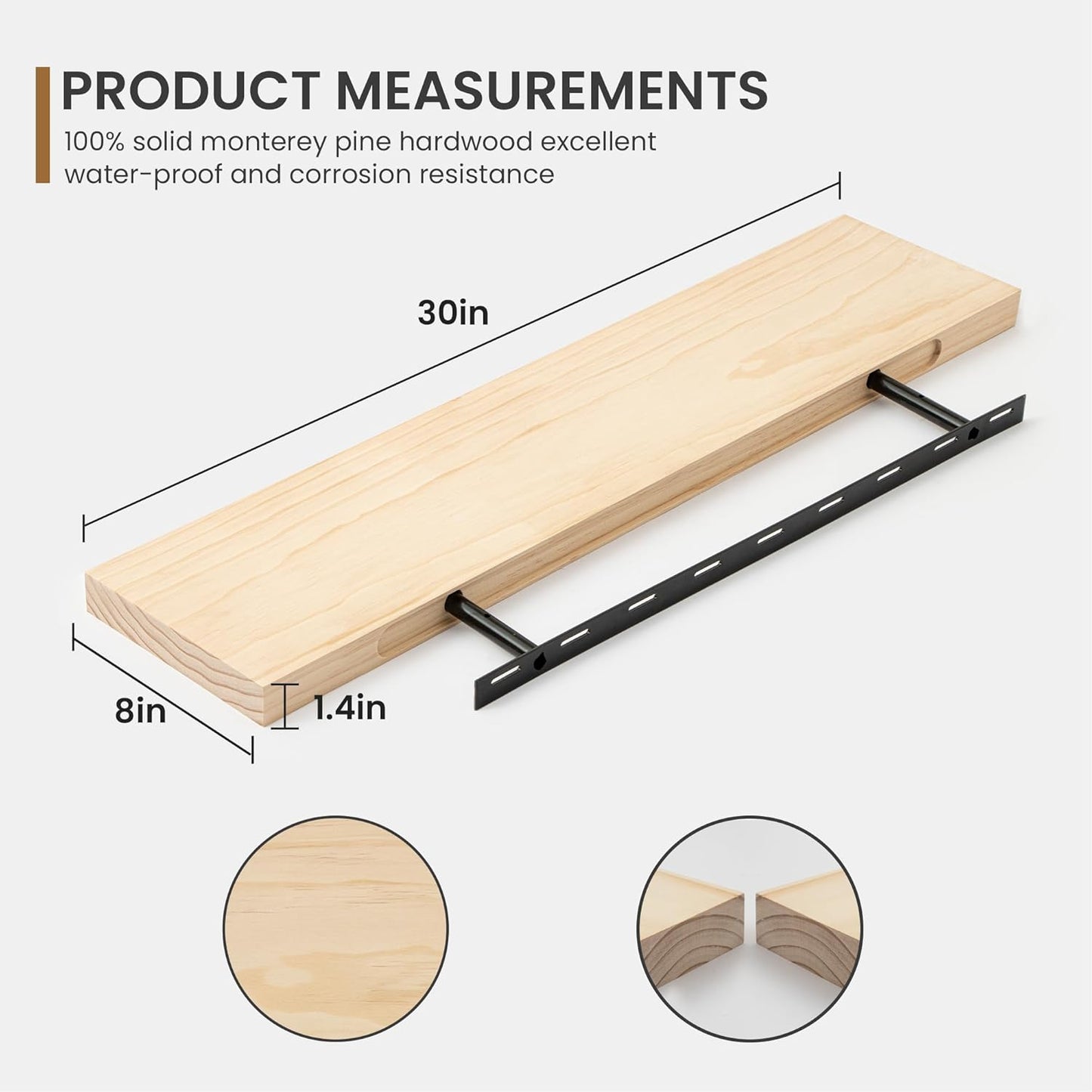 Floating Shelves 36 Inches Long - 8 Inch Deep Rustic Premium Solid Pine Wood for Storage - Farmhouse Wall Mounted for Living Room - Heavy-Duty Metal Bracket - 36" W x 8" D - Set of 2 - White Color