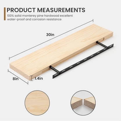 Floating Shelves 36 Inches Long - 8 Inch Deep Rustic Premium Solid Pine Wood for Storage - Farmhouse Wall Mounted for Living Room - Heavy-Duty Metal Bracket - 36" W x 8" D - Set of 2 - White Color