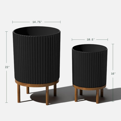 Veradek Demi Series Round Planter w/ Stand for Porch/Patio | Durable Plastic-Concrete & Wooden Stand | Modern Décor for Tall Plants, Flowers