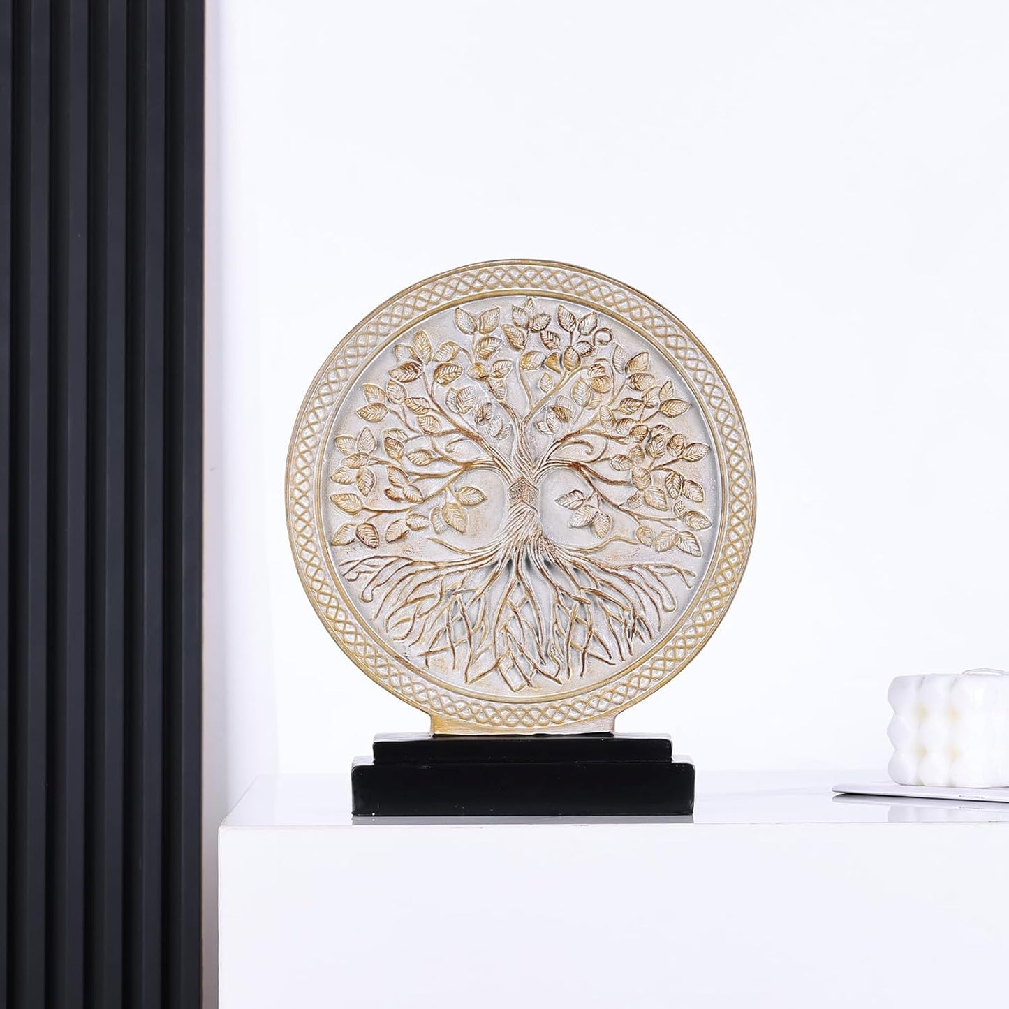DOVDOV Abstract Circular Tree of Life Decorative Sculpture, Black and Gold Home Decor, Modern Art Home Accent Suitable for Office Shelves, Coffee Tables, and Above Cabinet Decorative Statue.