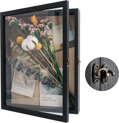 GraduatePro Shadow Box Frame 11x14 Display Case with Linen Back, Real Glass Window Door with Hinge, Picture Frame Wedding Bouquet Memorabilia Medals Photos Memory Box for Keepsakes, Carbonized Black