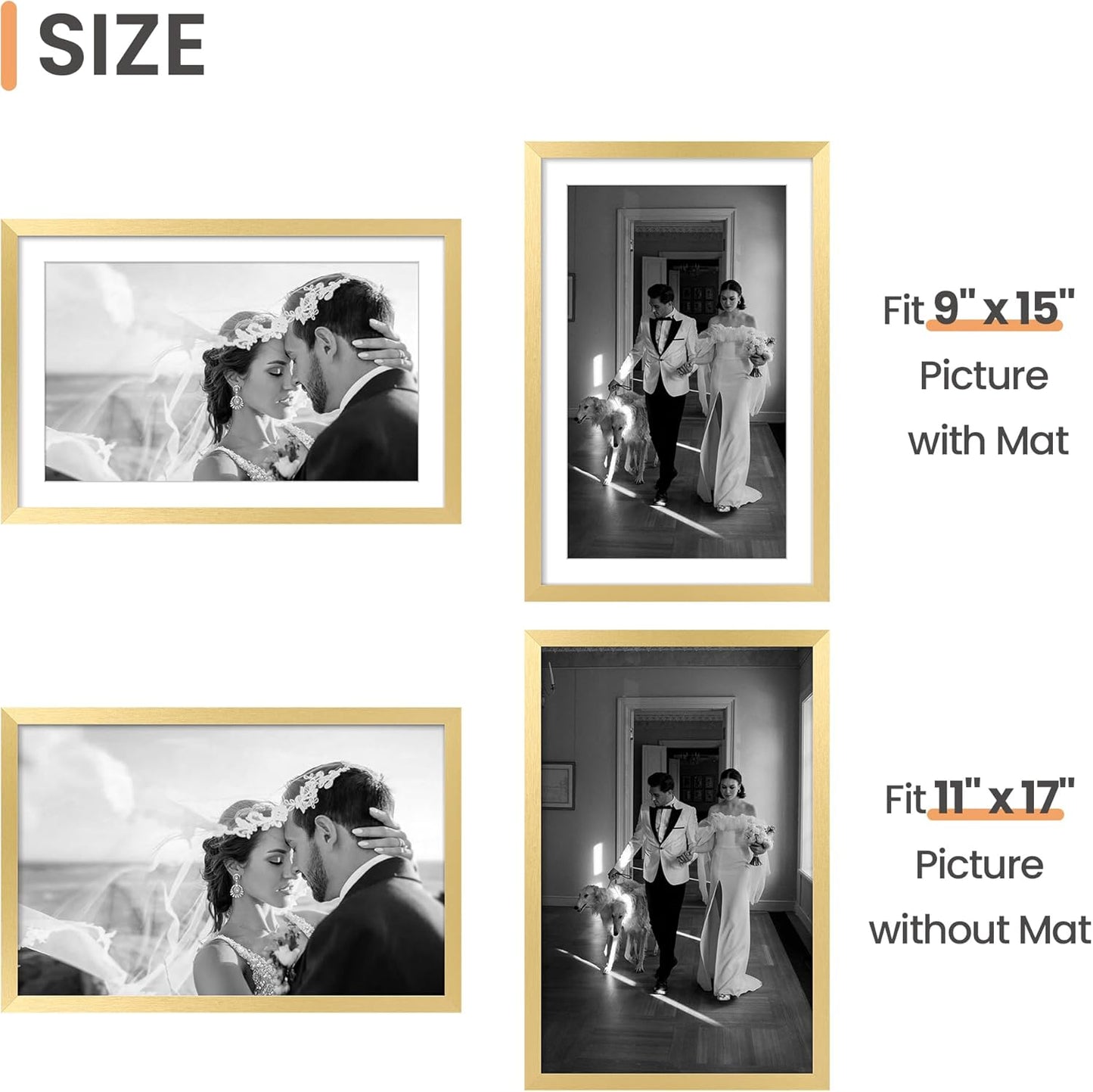 upsimples 11x14 Picture Frame Set of 5, Display Pictures 8x10 with Mat or 11x14 Without Mat, Wall Gallery Photo Frames, Black