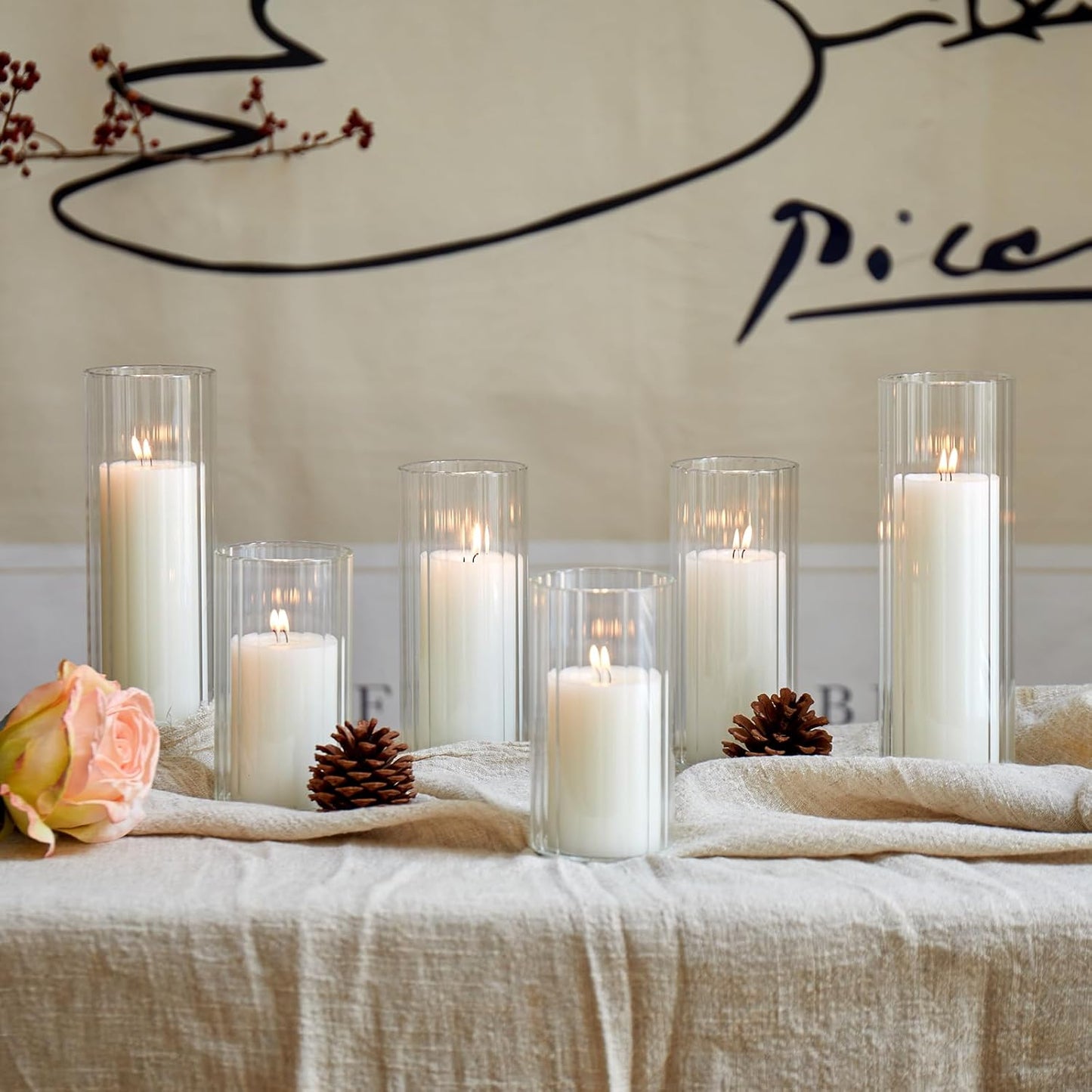 Set of 6 White Pillar Candles with Clear Glass Hurricane Holders- Elegant Cylinder Candle Vases for Weddings, Parties, Centerpieces, Home & Office Decor (White, 6 Set)