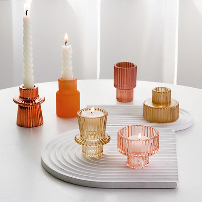 Brown Candlestick Holders 12PCS Ribbed Glass Taper Candle Holders Set for Tealight Candlestick Candles, Table Centerpieces for Thanksgiving Christmas Farmhouse Decor Indoor and Outdoor