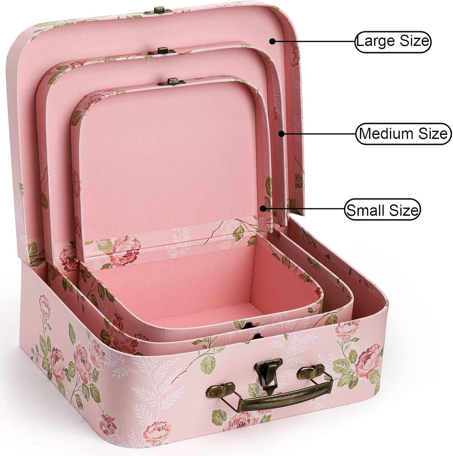 Fasmov 3 Pack Paperboard Suitcases Storage Box Decorative Storage Boxes Gift Boxes With Lids for Photo Storage Home Decoration, Wedding, Birthday, Anniversary, Pink