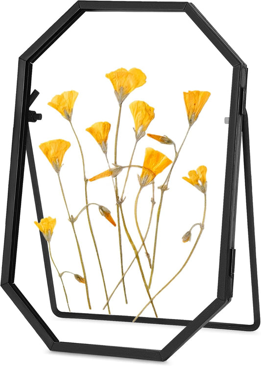 REDHUGO Glass Pressed Flower Frame Handmade, Metal Floating Picture Frame, Double Glass for Tabletop Display, Unique Brass Octagon, Gold, 5x7 Inches (Frame Only)