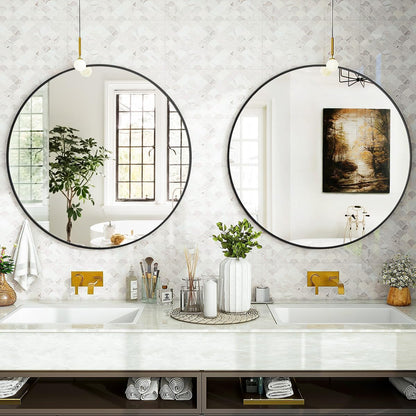 VooBang Large Black Round Bathroom Mirror, 48 inch Circle Wall Mounted Hanging Mirror with Simple Modern Circular Metal Frame for Hallway, Entryway, Living Room, Black Frame