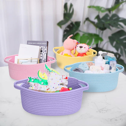 ABenkle Small Basket with Handles, Boho Decorative Rope Woven Dog Cat Toy Storage Bin Shelf Storage Organizer, Easter Christmas Gift Basket, 12"x8"x5", White