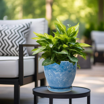 10 Inch Ceramic Planter Pot Round Plant Pot for Indoor Plants Outdoor Large Flower Pot with Drainage Hole and Saucer Blue