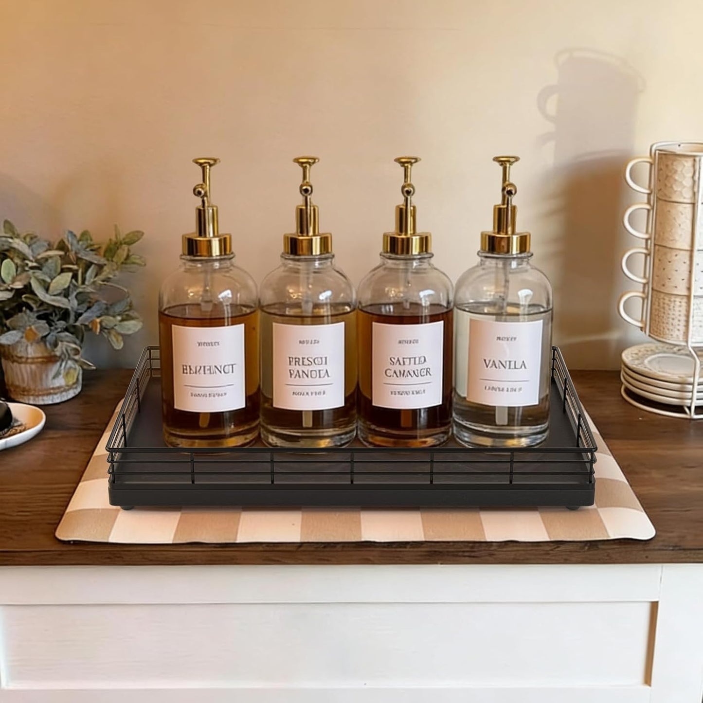 Bathroom Vanity Tray for Countertop, 12" x 6" Acacia Wood Toilet Tank Tray with Metal Guardrail, Bathroom Organizer for Soap, Perfume & Skincare, Non-Slip Decorative Tray for Dresser, Black & Acacia