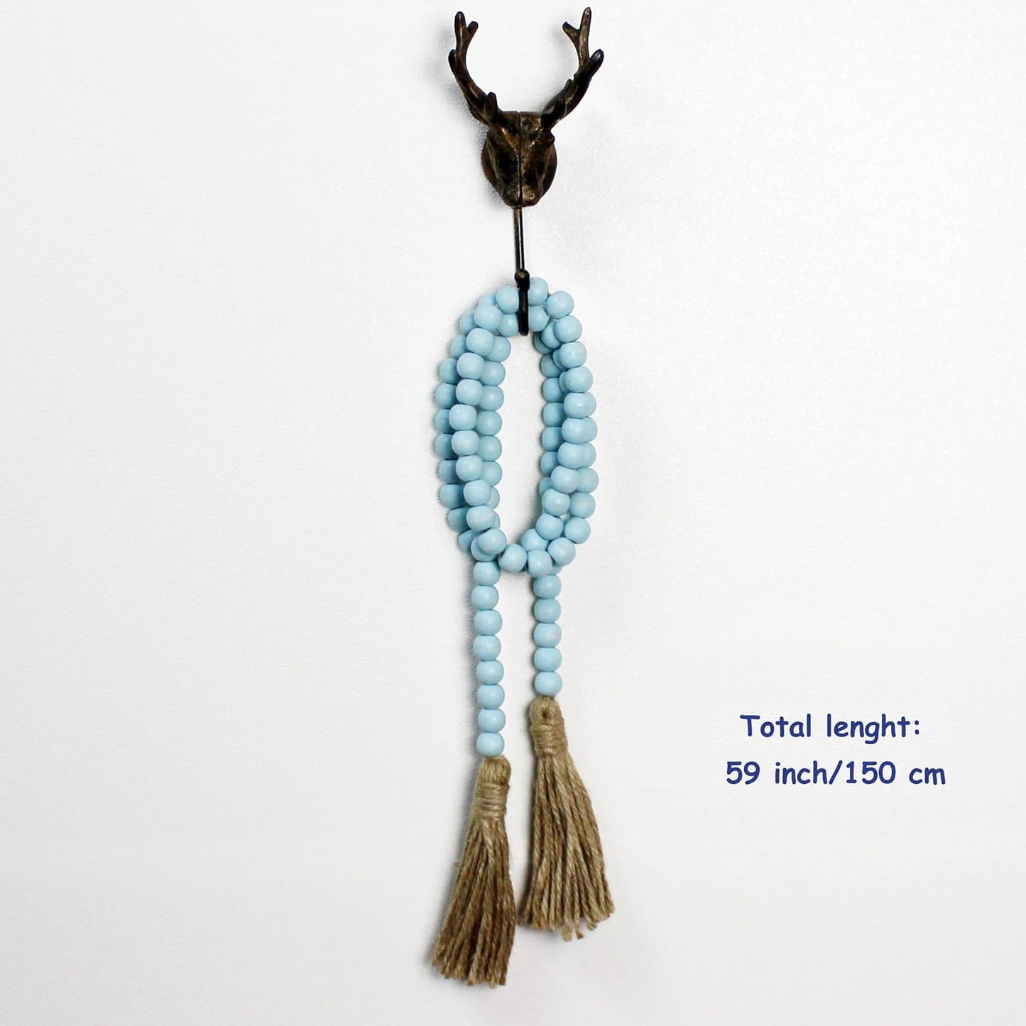 CVHOMEDECO. Wood Beads Garland with Tassels Farmhouse Rustic Wooden Prayer Bead String Wall Hanging Accent for Home Festival Decor. Mix Distressed