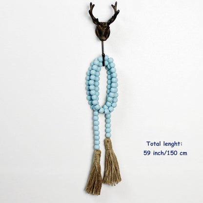 CVHOMEDECO. Wood Beads Garland with Tassels Farmhouse Rustic Wooden Prayer Bead String Wall Hanging Accent for Home Festival Decor. Mix Distressed