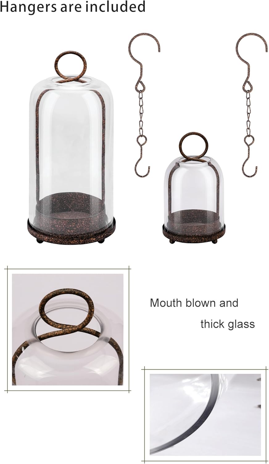 5" & 4" Wide Versatile Metal Candle Holder with Handmade Sturdy Glass Dome in Brass for Pillar Candle & Plants, 5.1" xH11.8 4" xH7.5, Industrial, Farmhouse, Shabby Chic. (2, Brass, Large & Small)