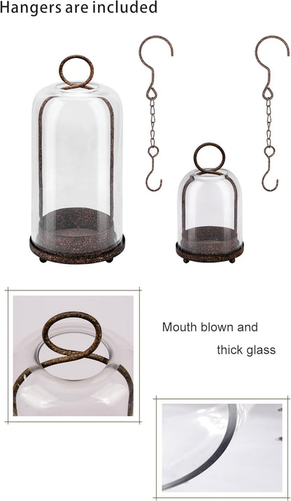 5" & 4" Wide Versatile Metal Candle Holder with Handmade Sturdy Glass Dome in Brass for Pillar Candle & Plants, 5.1" xH11.8 4" xH7.5, Industrial, Farmhouse, Shabby Chic. (2, Brass, Large & Small)
