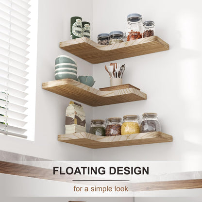 fuqing Floating Corner Shelves, Wall Shelf Set of 3, Shelves for Wall Storage, Solid Wood Shelves for Storage, Wall Mount Wooden Display Shelf for Bathroom Bedroom Kitchen Garage, Rustic Brown