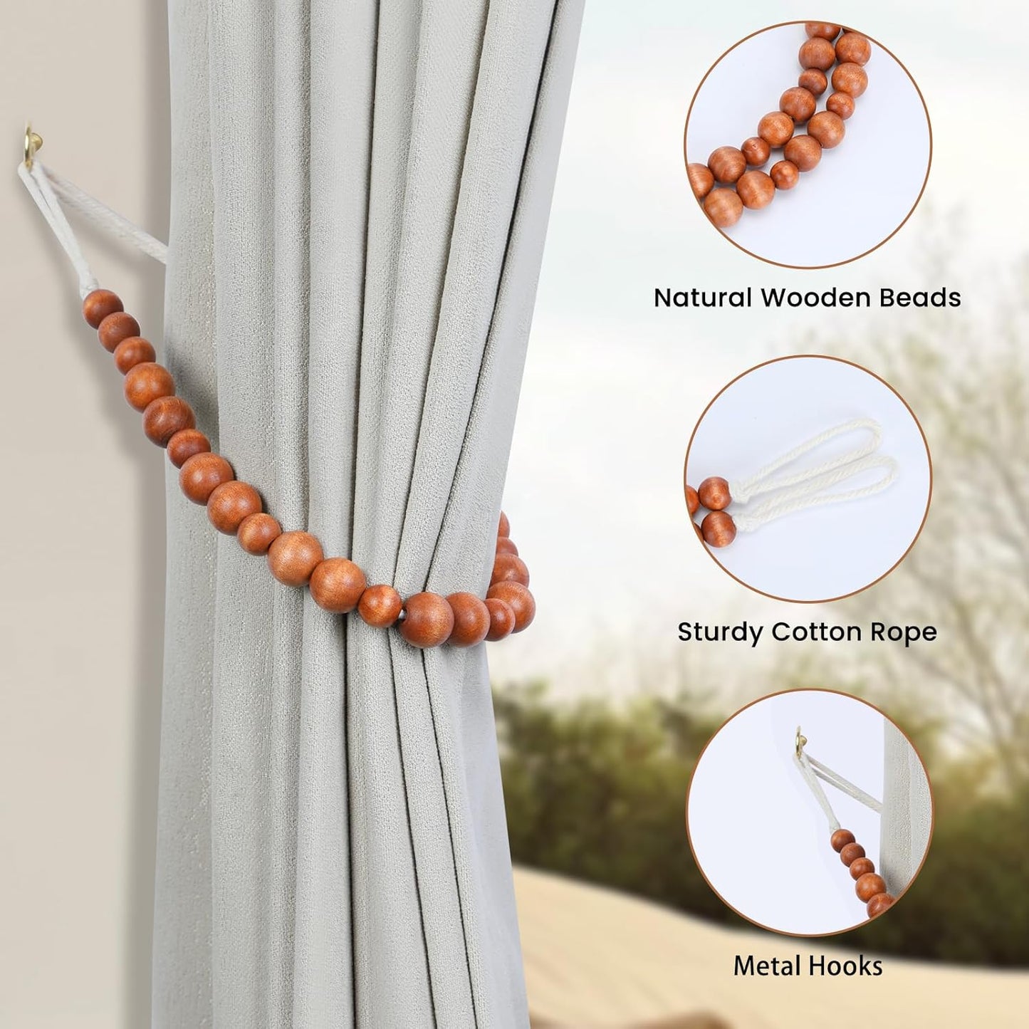 Wood Bead Curtain Tiebacks, KLOGTSIND Set of 2 Curtain Holdbacks for Thin or Thick Window Draperies, Boho Farmhouse Curtain Tiebacks with Hooks, Curtain Tie Backs for Home Office Room Decor