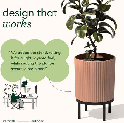Veradek Demi Series Round Planter w/ Stand for Porch/Patio | Durable Plastic-Concrete & Wooden Stand | Modern Décor for Tall Plants, Flowers
