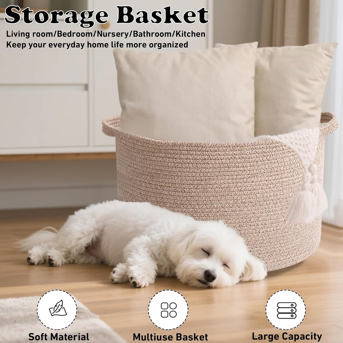 Large Woven Blanket Basket,65L Cotton Rope Laundry Basket Hamper with Handles, Decorative Nursery Basket Storage Bin for Toys, Clothes Organizer, Living Room, Bedroom, Bathroom, White & Brown