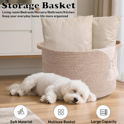 Large Woven Blanket Basket,65L Cotton Rope Laundry Basket Hamper with Handles, Decorative Nursery Basket Storage Bin for Toys, Clothes Organizer, Living Room, Bedroom, Bathroom, White & Brown