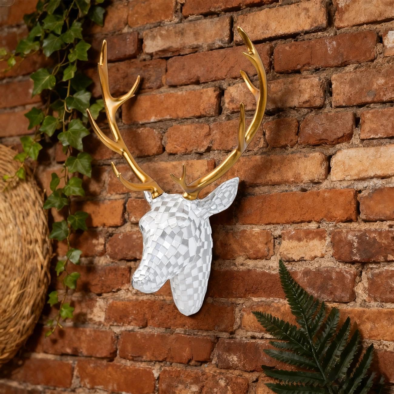 GIGICICI Mosaic Deer Head Wall Decor 15.7x8.7 Inch, Artistic Faux Resin Animal Head Wall Sculpture Hanging for Living Room Bedroom Kitchen Office, Black-White Gift