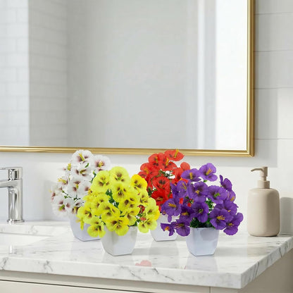 LOYWREE 4 Pack Small Artificial Mums Flowers in White Pots, Fake Mini Potted Plants, Spring Floral Decor for Home Bathroom Shelves Office Desk Table Centerpiece Indoor Decoration