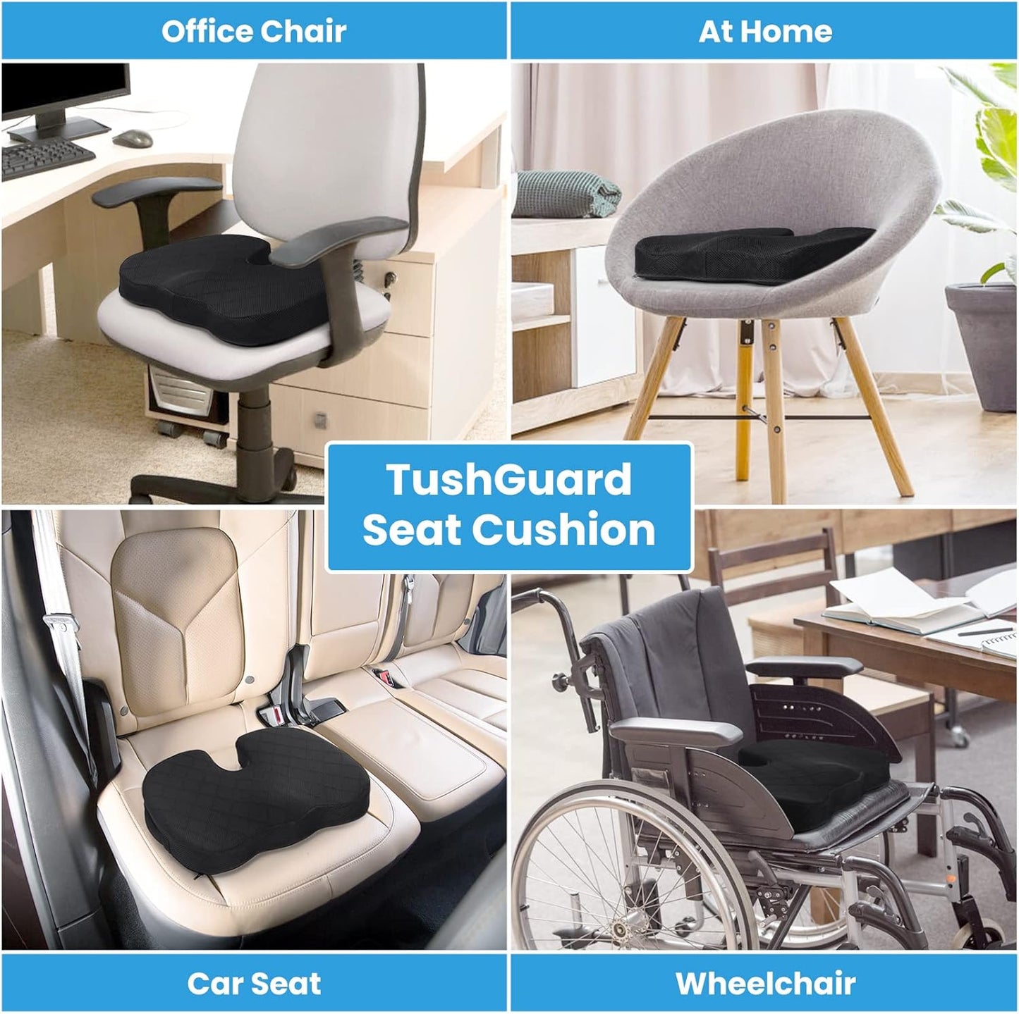 TushGuard Seat Cushion - Memory Foam Cushion for Office Chair, Car Seat, Airplane, Bleacher - Sciatica & Hip & Coccyx Pain Relief Desk Chair Cushion for Long Sitting Office Workers, Car Drivers