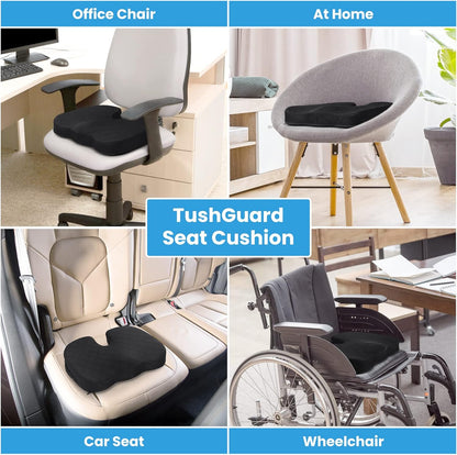 TushGuard Seat Cushion - Memory Foam Cushion for Office Chair, Car Seat, Airplane, Bleacher - Sciatica & Hip & Coccyx Pain Relief Desk Chair Cushion for Long Sitting Office Workers, Car Drivers