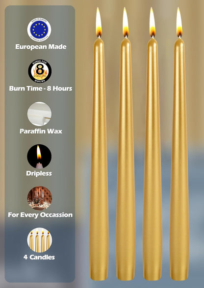 Hyoola Tall Taper Candles - 10 Inch Metallic Gold Unscented Dripless Taper Candles - 8 Hour Burn Time - 4 Pack
